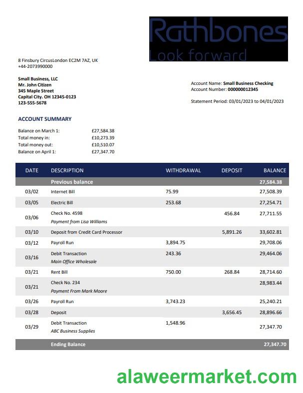 Rathbones Bank company account statement Word and PDF template